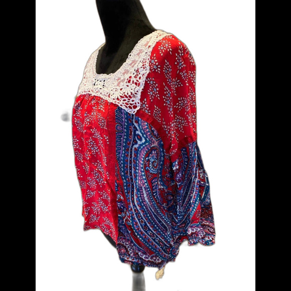 Bila Red Blue Paisley Boho Peasant Lacey Size Large Colorful Sheer Casual Top - Picture 2 of 12